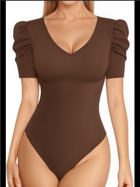(9) NWT Mangopop V-Neck Puff Sleeve Brown Bodysuit